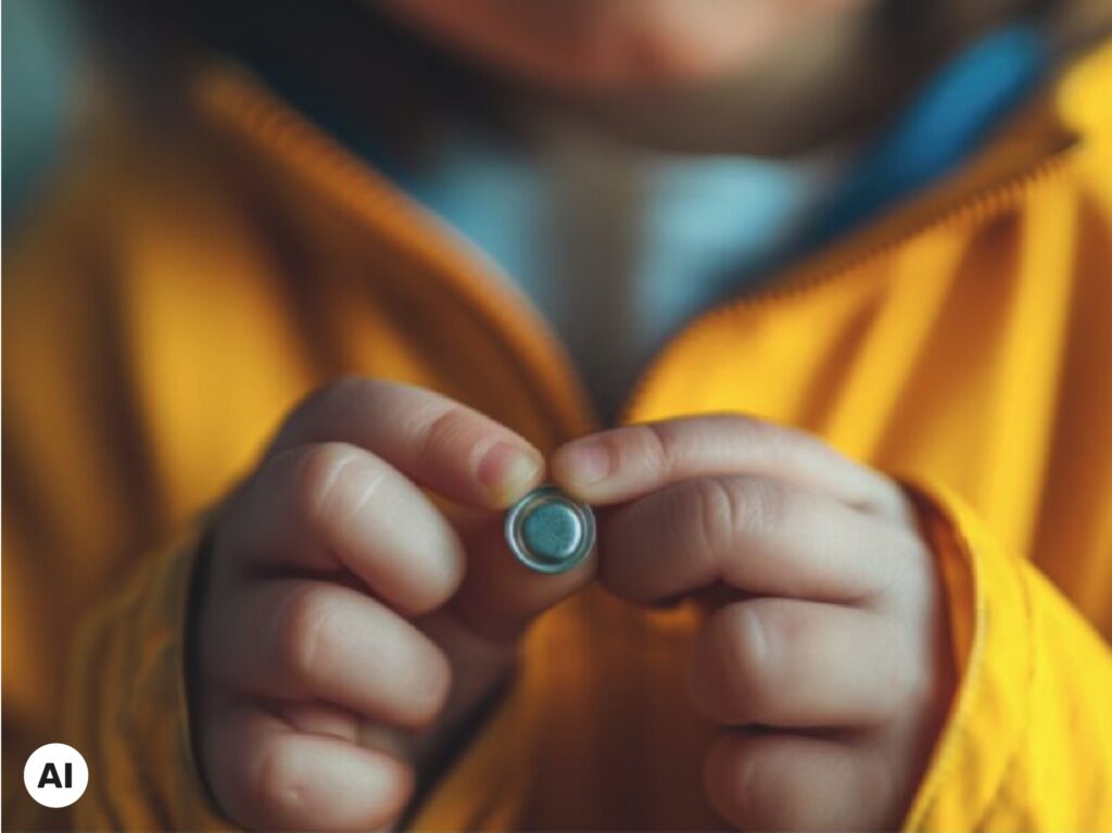 Nahaufnahme von kleinen Kinderhänden in einer gelben Jacke, die eine winzige Knopfbatterie halten (KI-generiertes Bild).